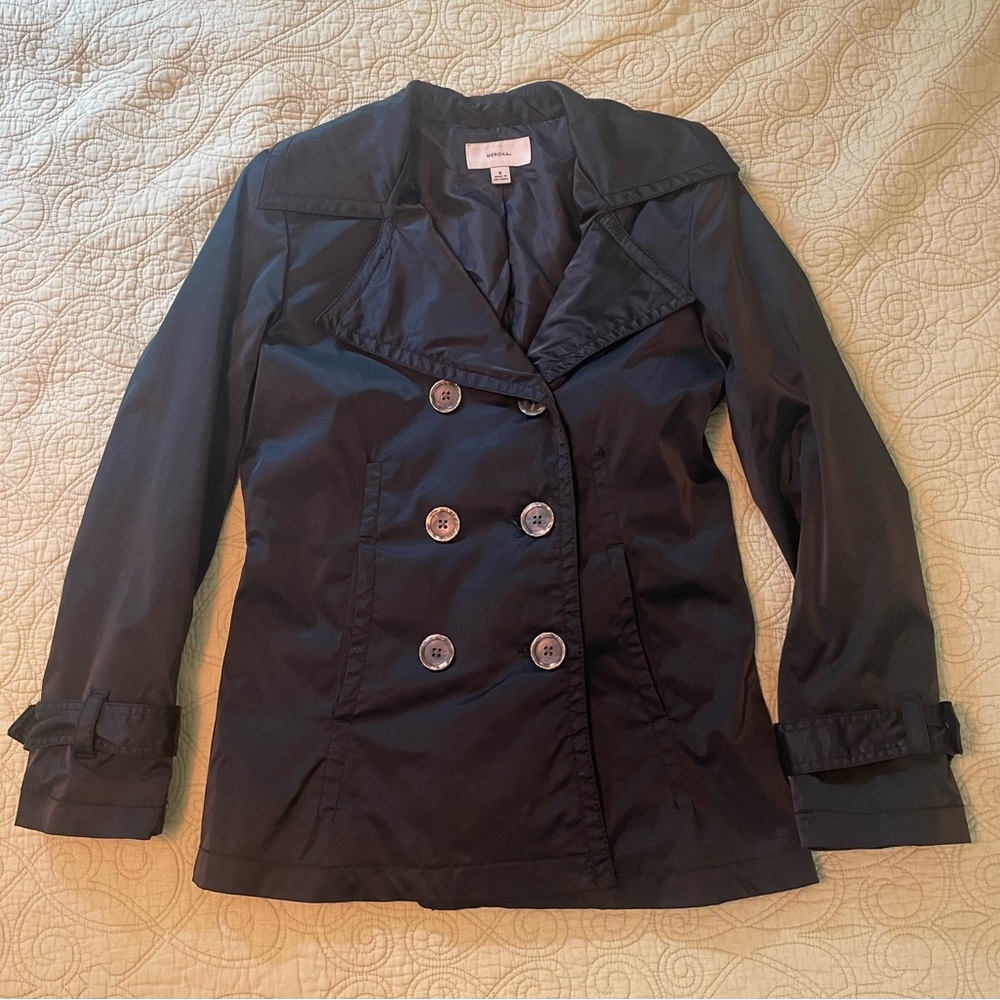 Women's Black Satin Pea coat Trench Double-Breasted Jacket